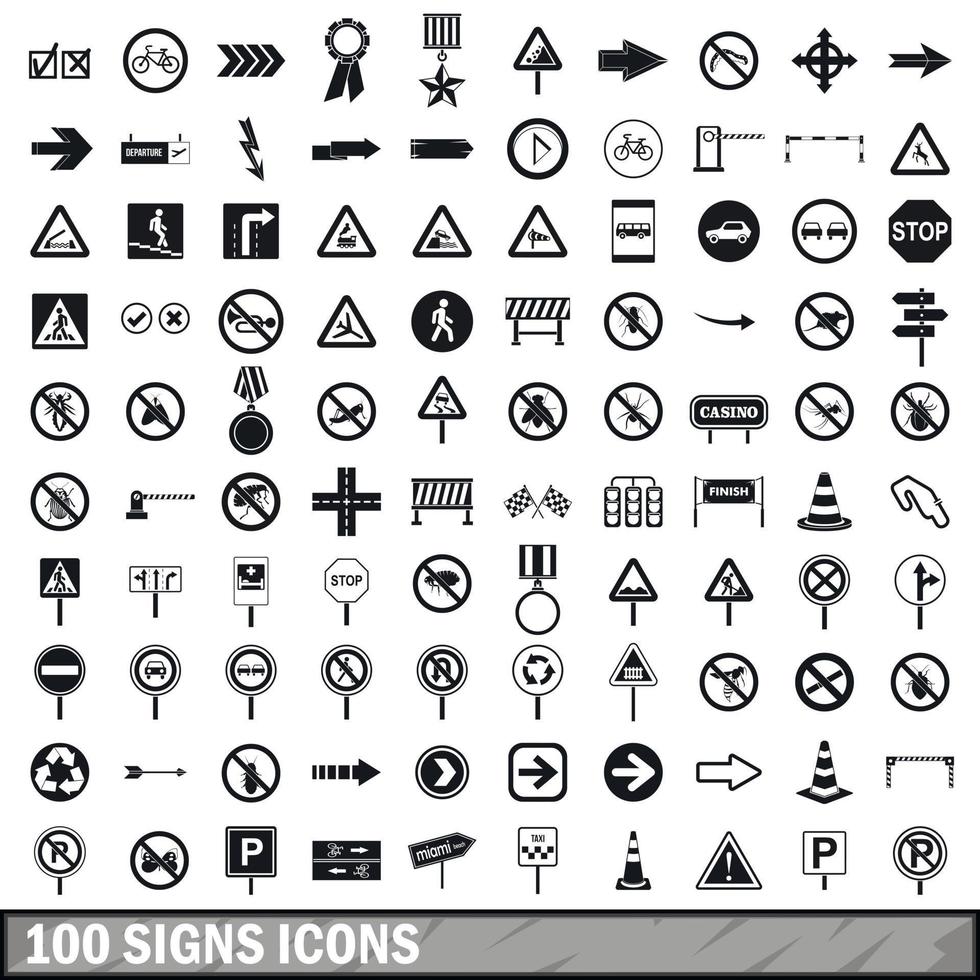 100 road signs icons set in simple style vector