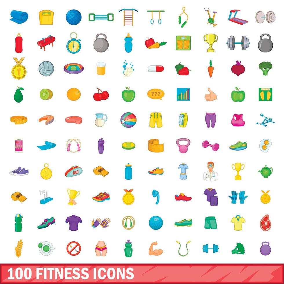 100 icons set, cartoon style vector