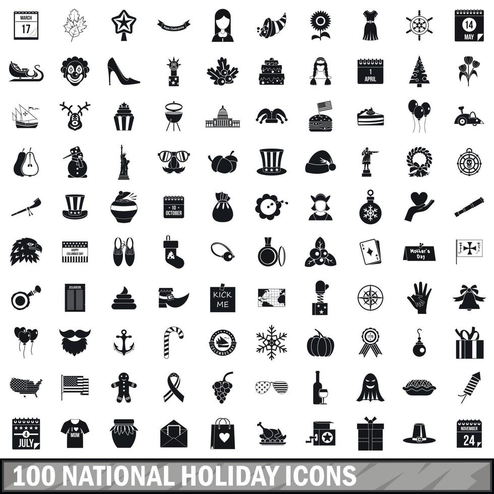 100 national holiday icons set, simple style vector