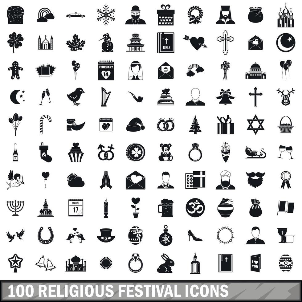 100 religious festival icons set, simple style vector