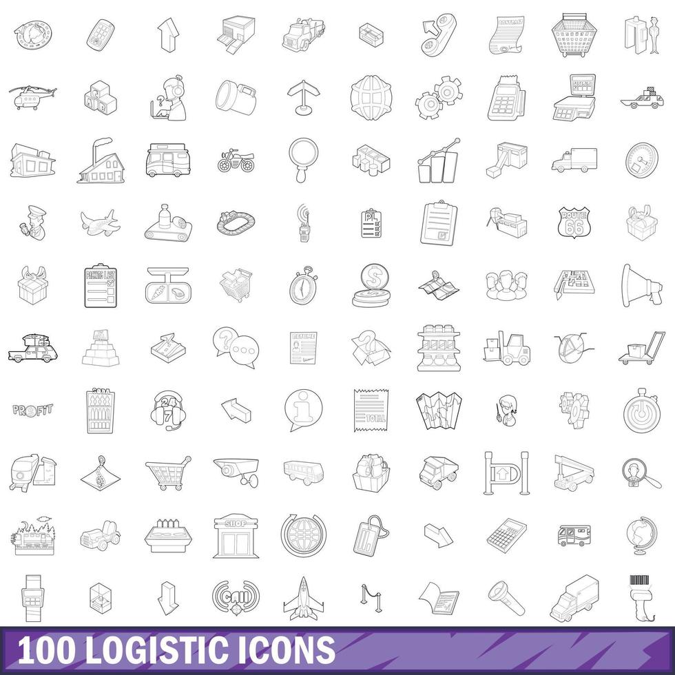 100 logistic icons set, outline style vector