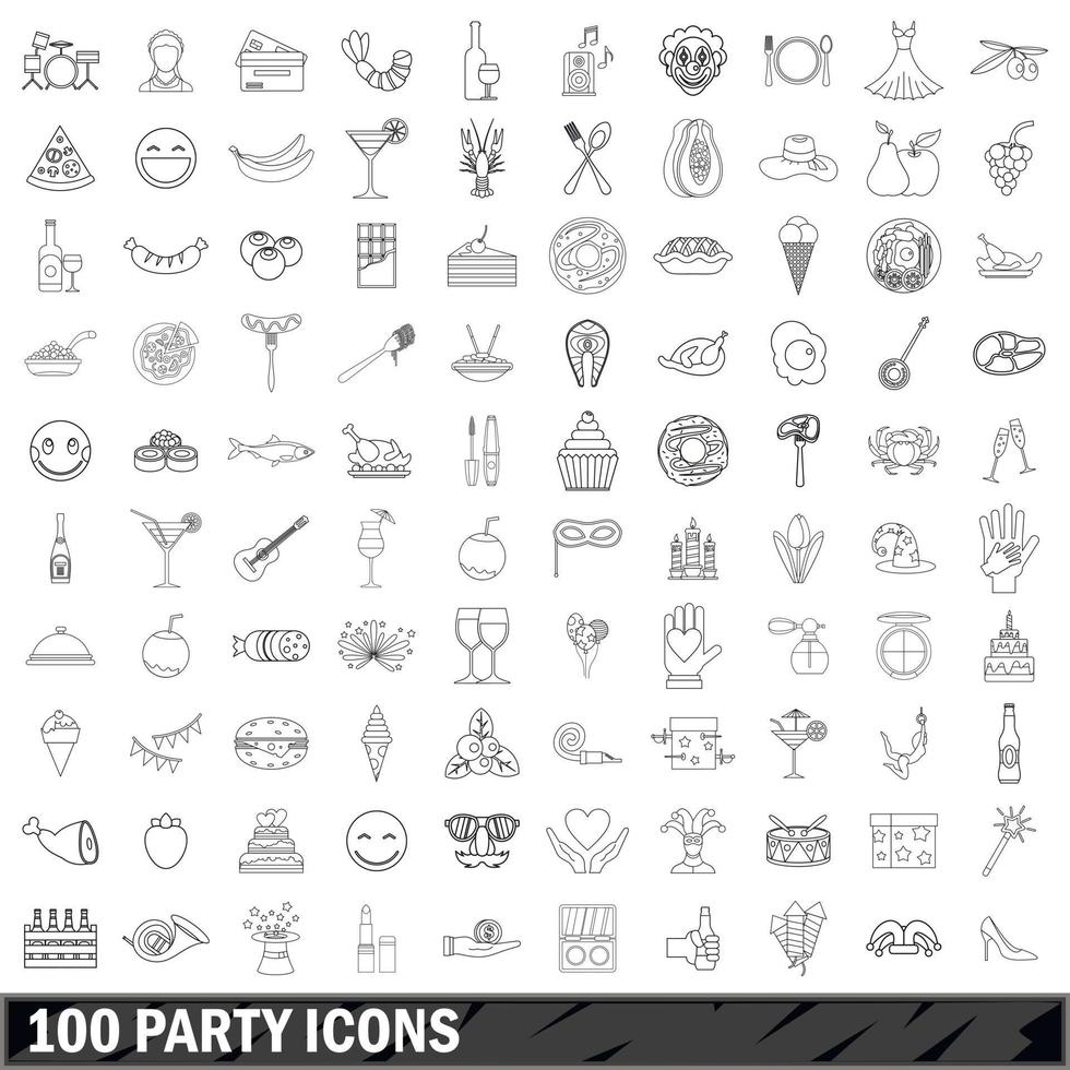 100 party icons set, outline style vector