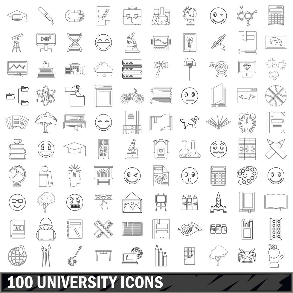 100 university icons set, outline style vector