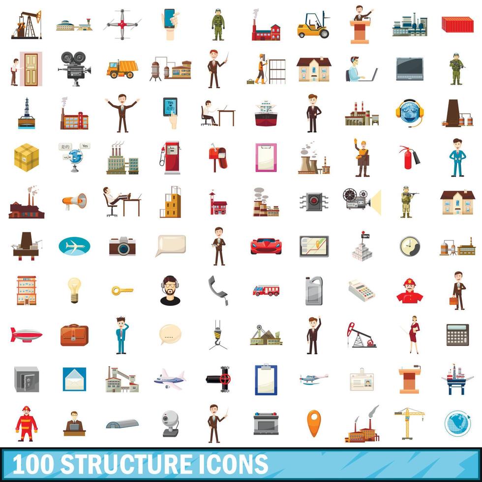 100 structure icons set, cartoon style vector