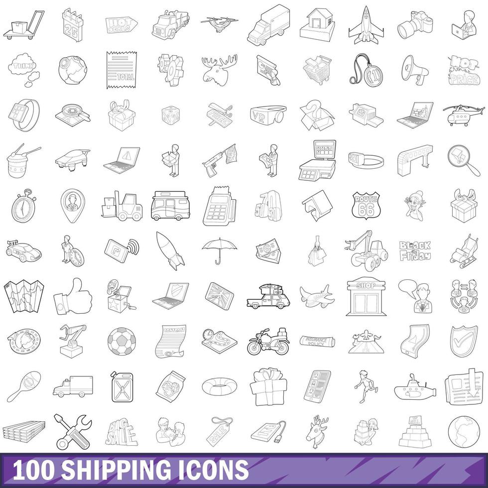 100 shipping icons set, outline style vector
