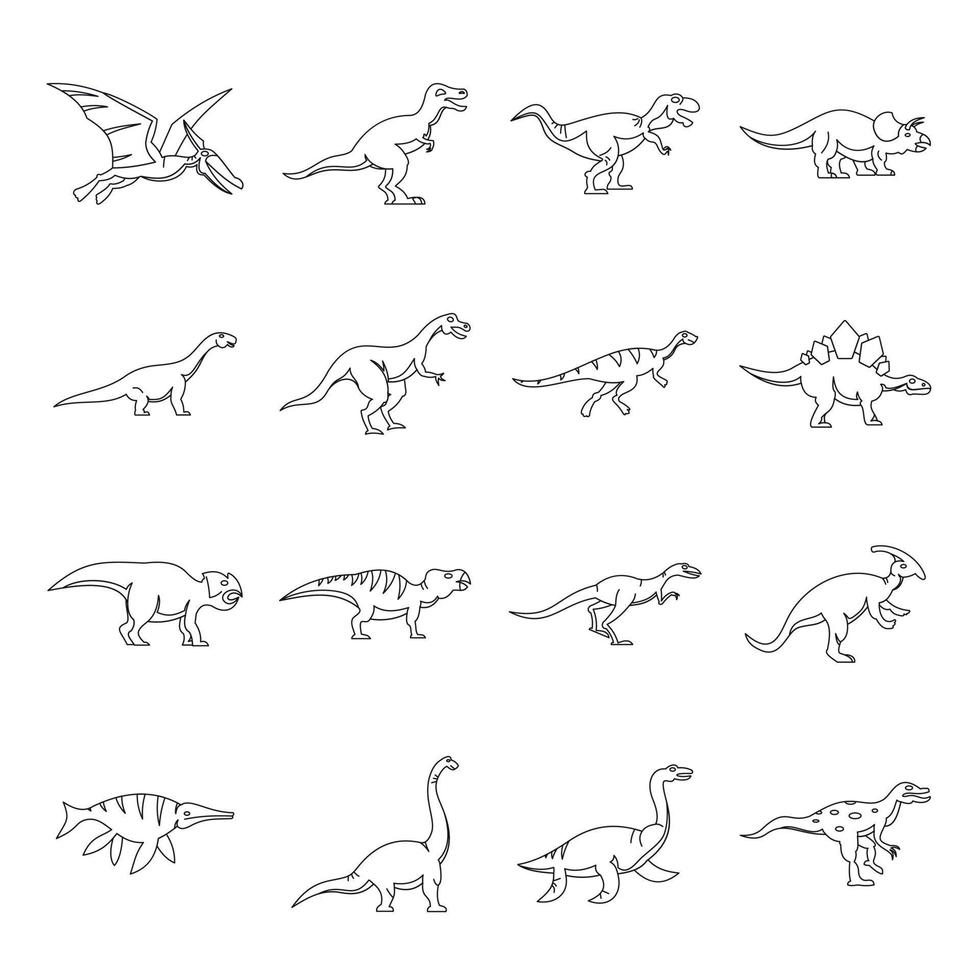 conjunto de iconos de dinosaurios, estilo de esquema vector