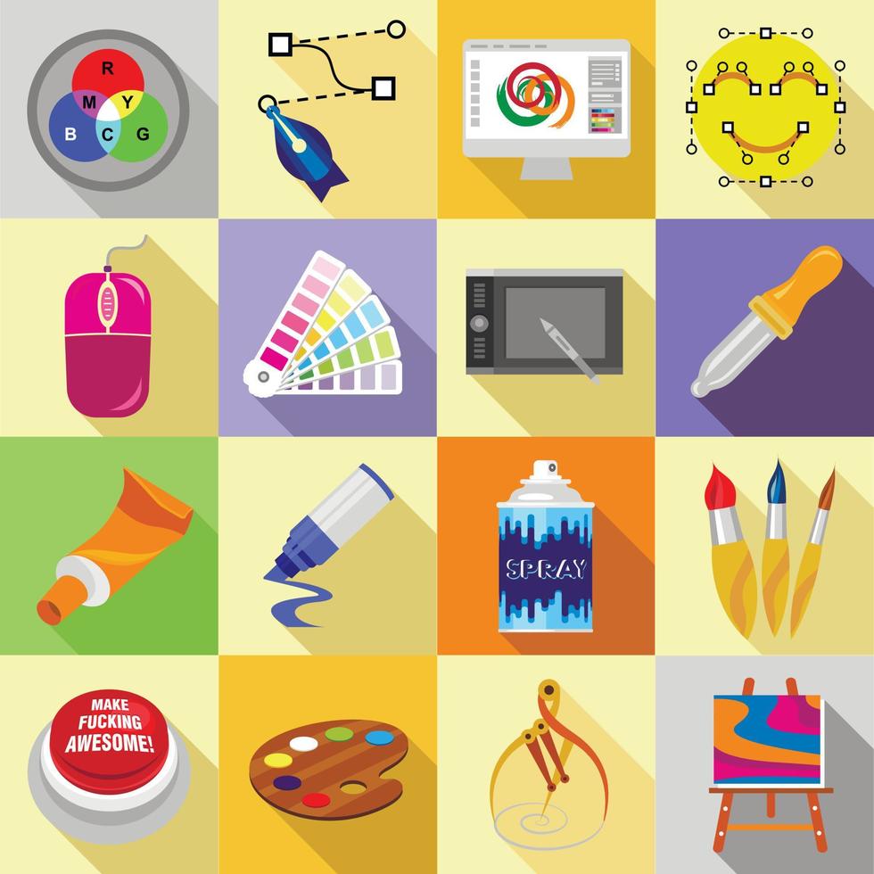 Design and drawing tools icons set, flat style vector