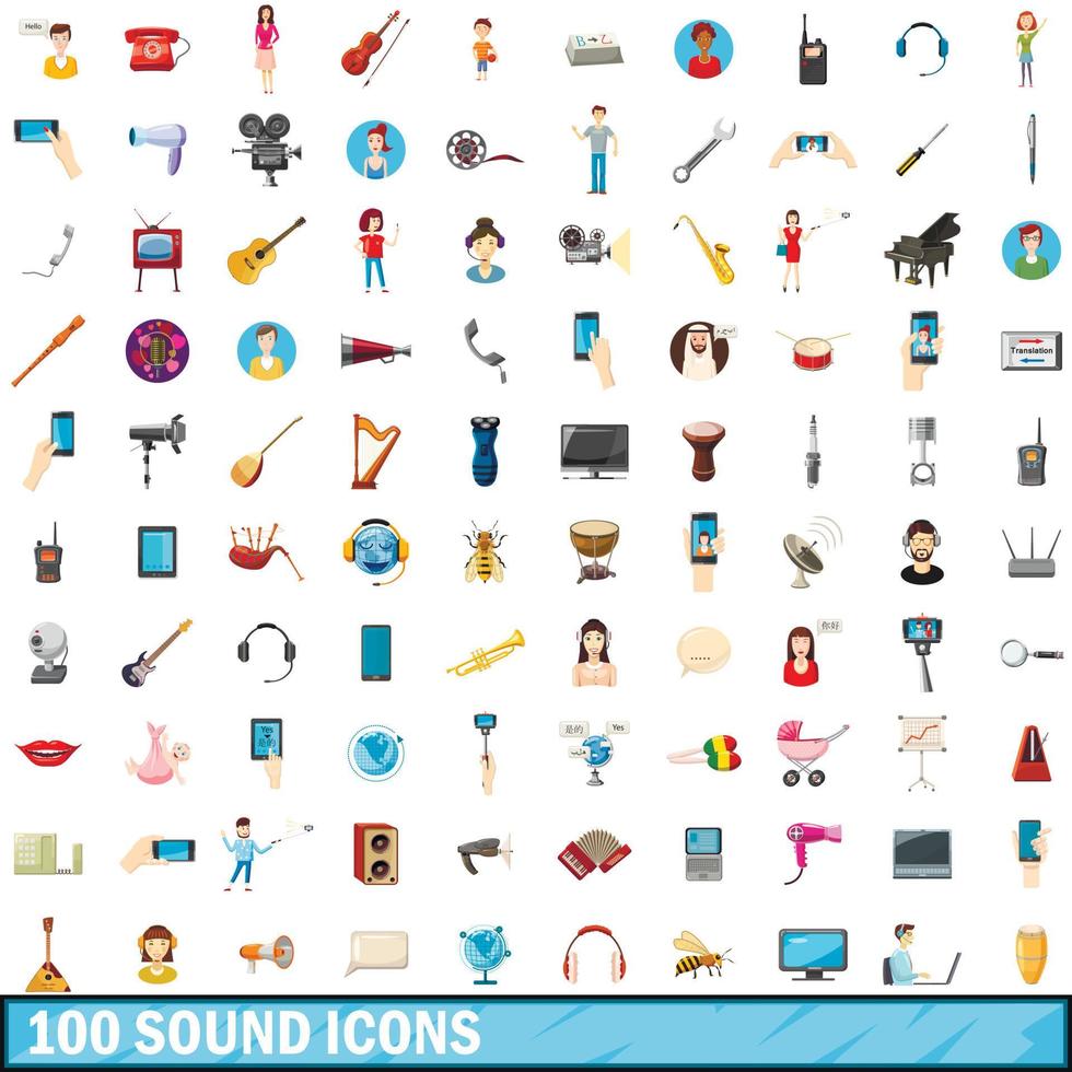 100 iconos de sonido, estilo de dibujos animados vector