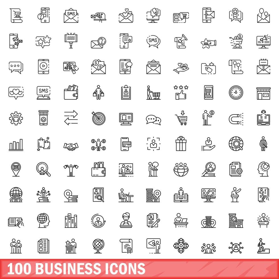 100 business icons set, outline style vector