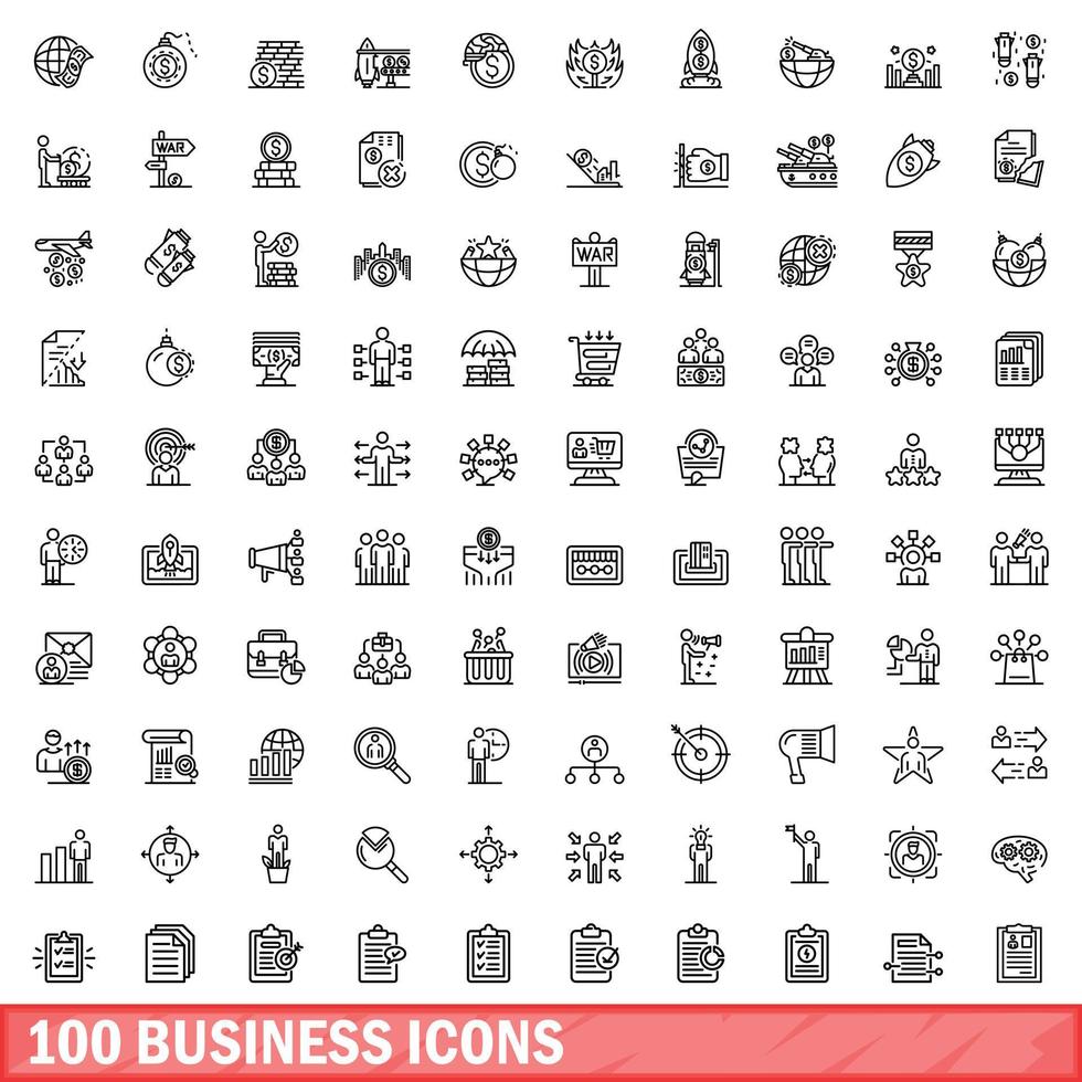 100 business icons set, outline style vector