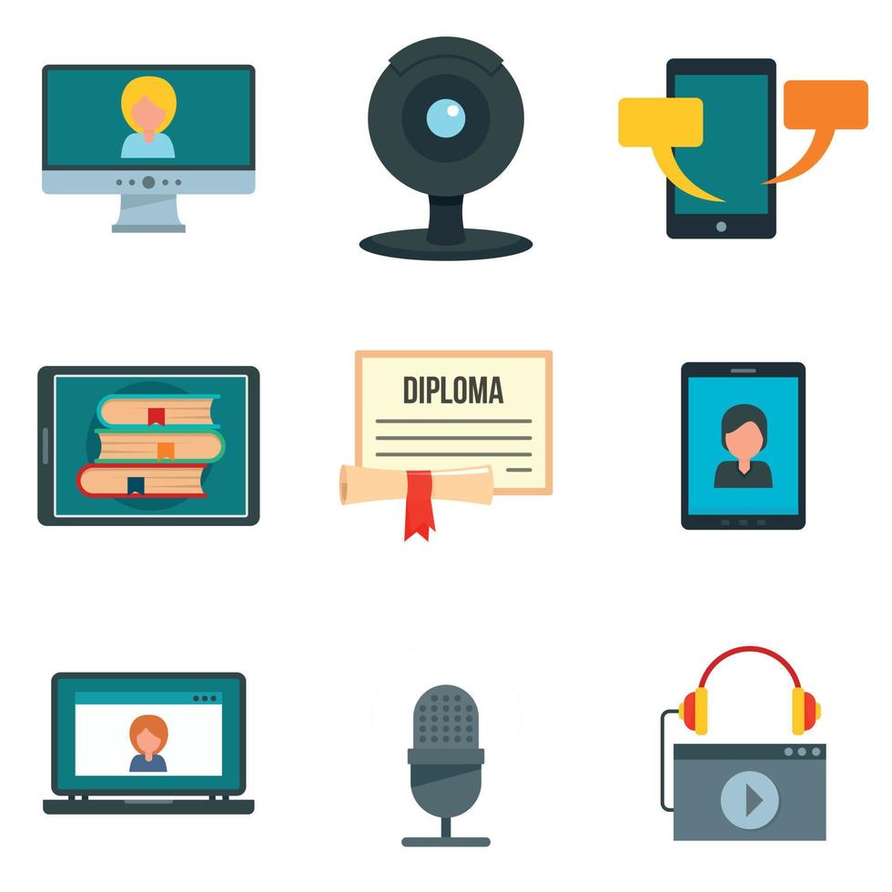 Webinar training online icons set, flat style vector