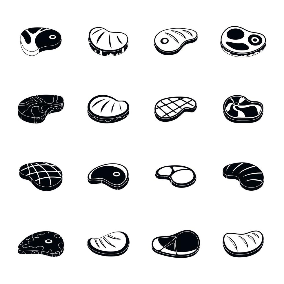 Steak dinner grilled beef icons set, simple style vector