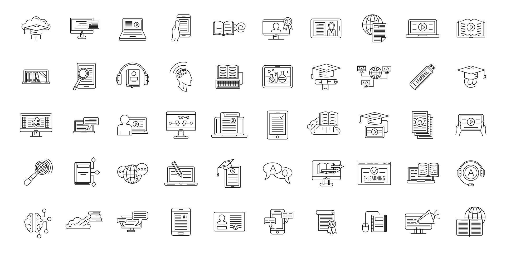 E-learning training icons set, outline style vector