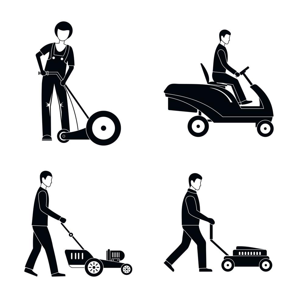 Lawnmower service man icons set, simple style vector