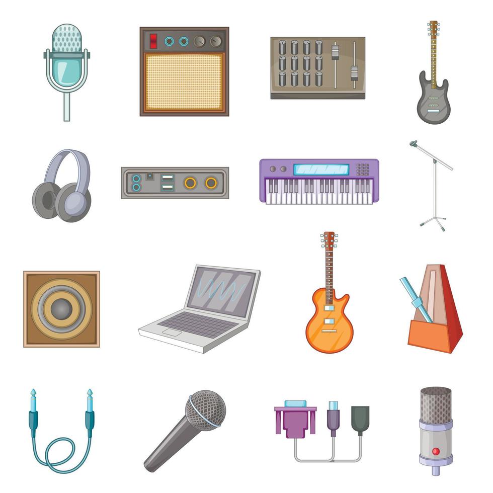 Recording studio icons set, cartoon style vector