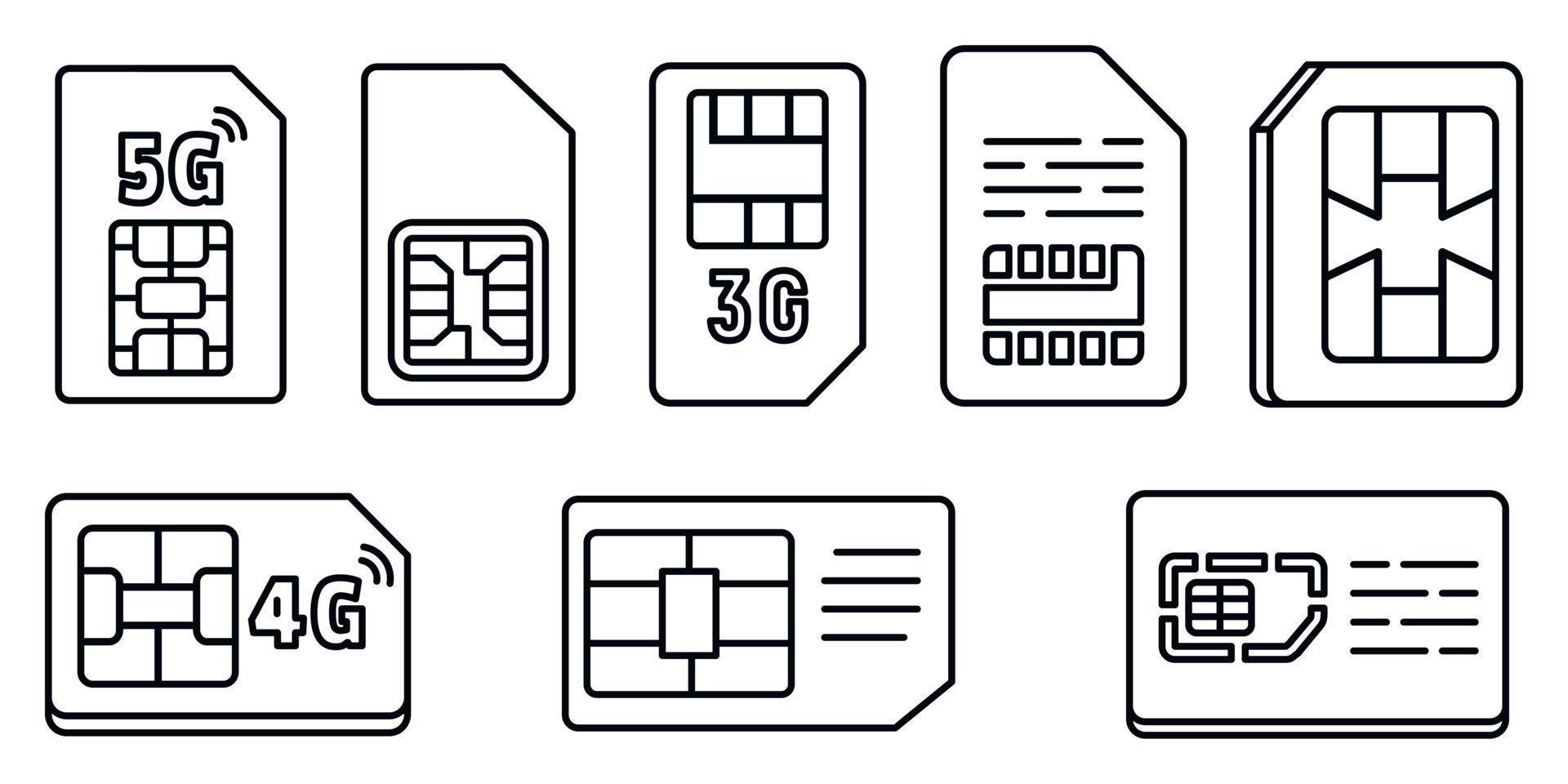 Chip phone card icons set, outline style vector