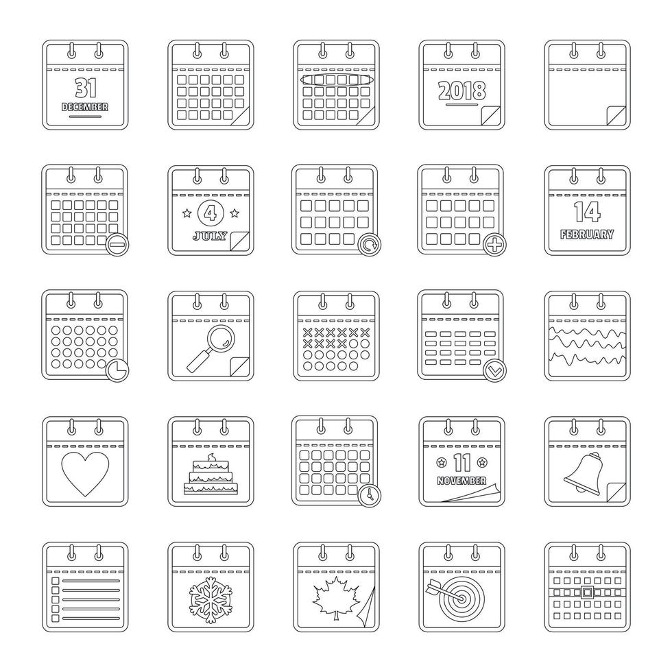 Calendar icons set, outline style vector