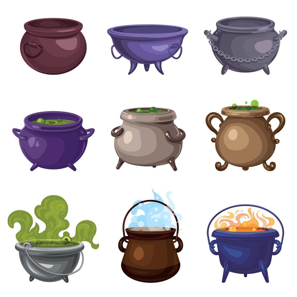 Cauldron icons set, cartoon style vector