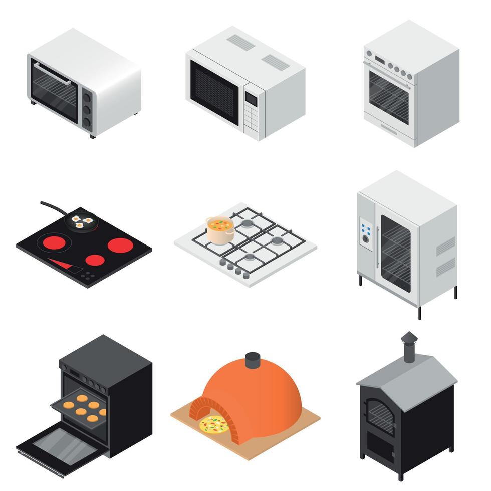 Oven stove fireplace icons set, isometric style vector