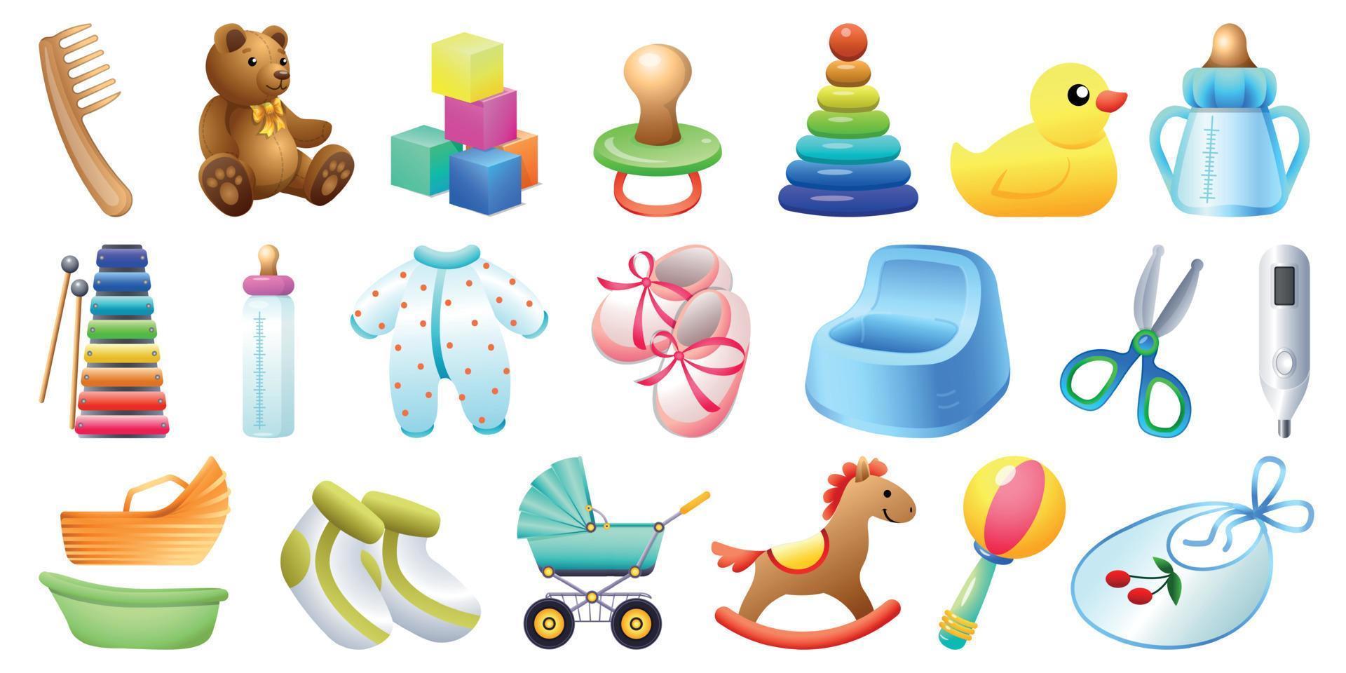 Baby items icons set, cartoon style vector