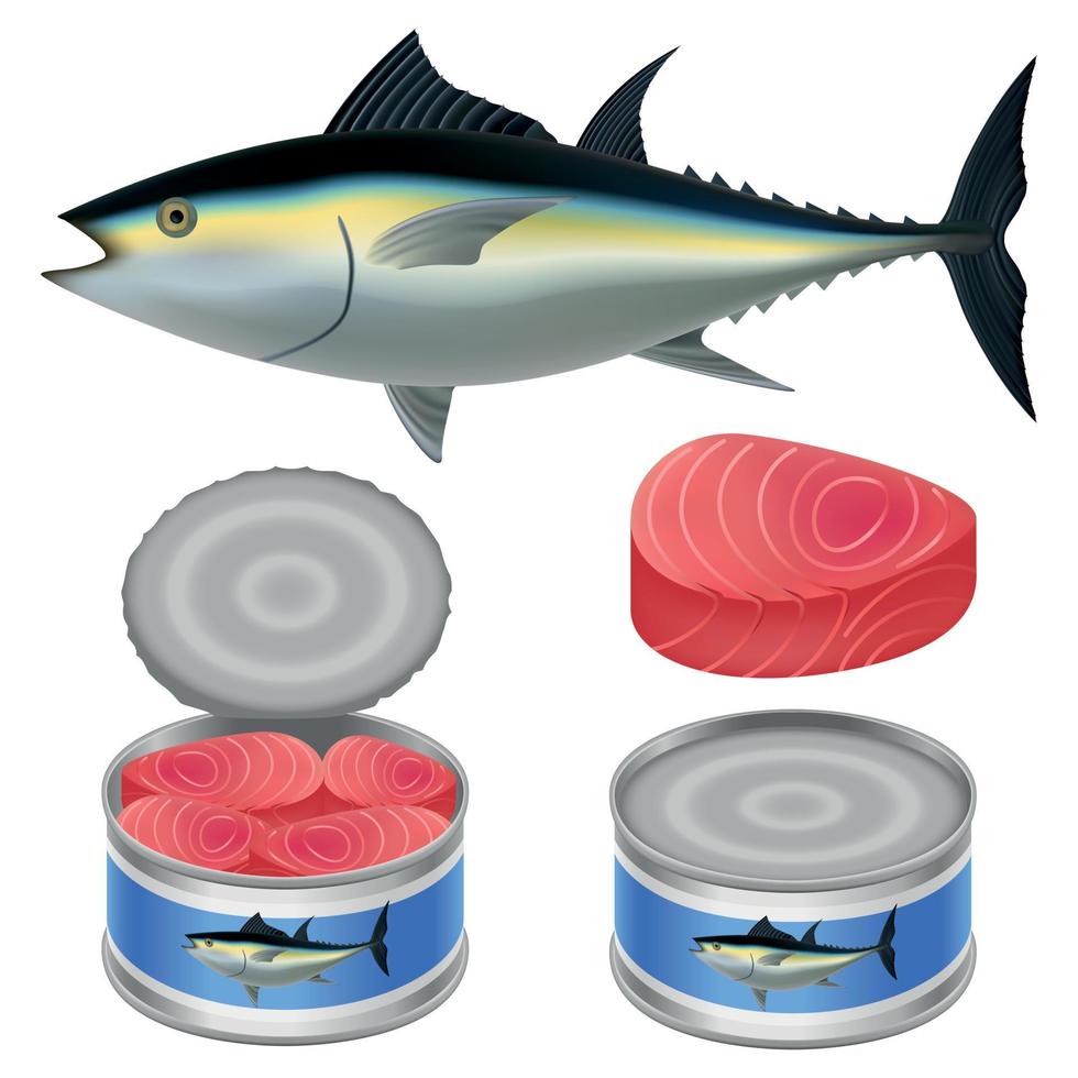 Tuna fish can steak mockup set, realistic style vector