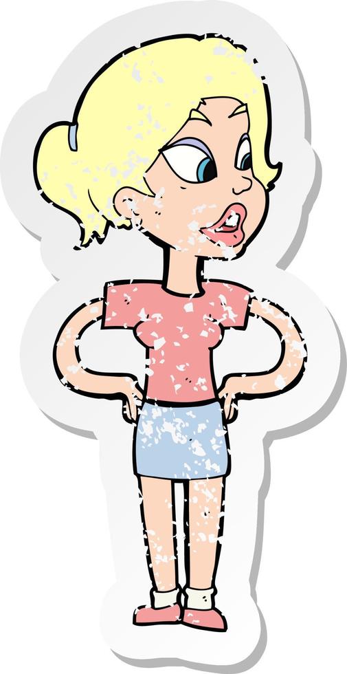 retro distressed sticker of a cartoon woman with hands on hips vector