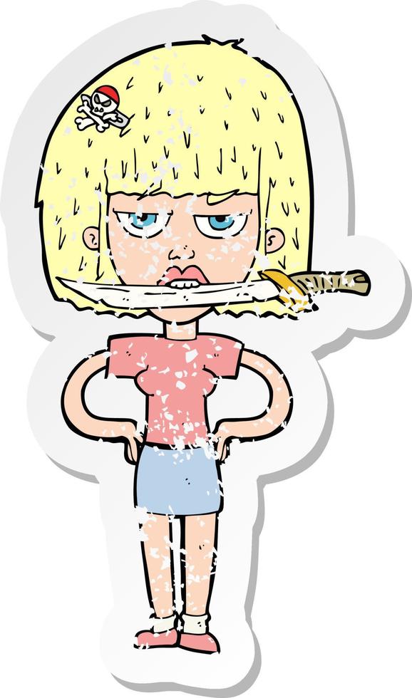 retro distressed sticker of a cartoon woman with knife between teeth vector