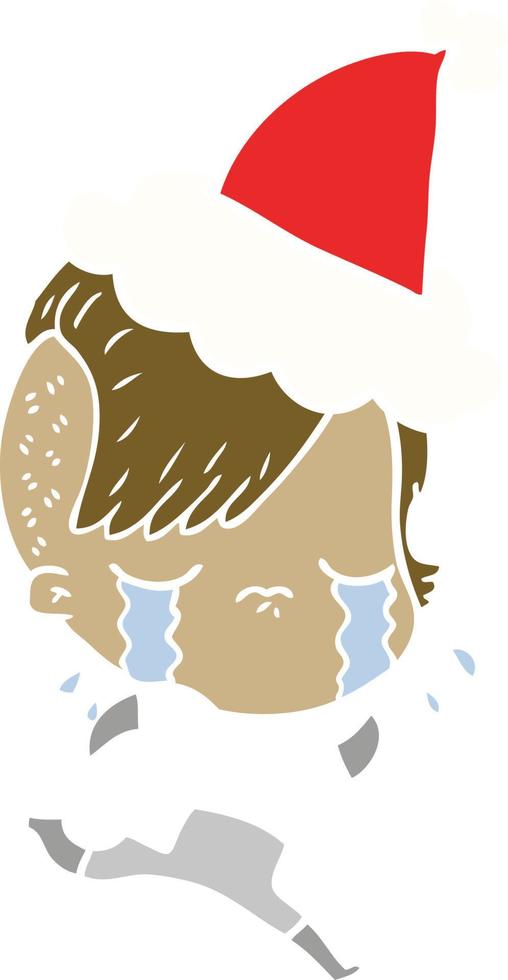 flat color illustration of a crying girl wearing space clothes wearing santa hat vector