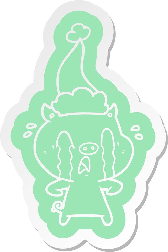 crying pig cartoon  sticker of a wearing santa hat vector
