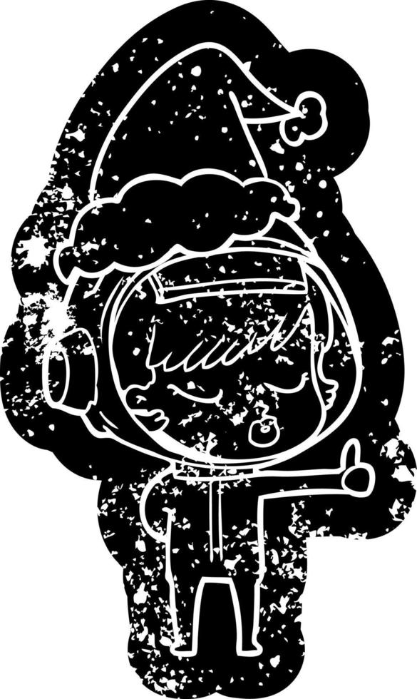 cartoon distressed icon of a pretty astronaut girl giving thumbs up wearing santa hat vector