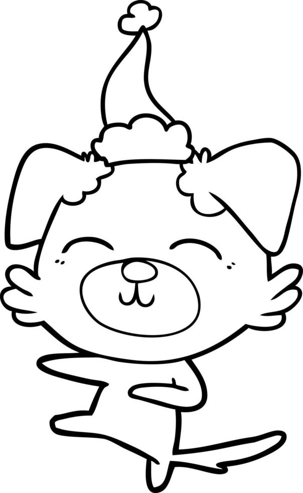 line drawing of a dog kicking wearing santa hat vector