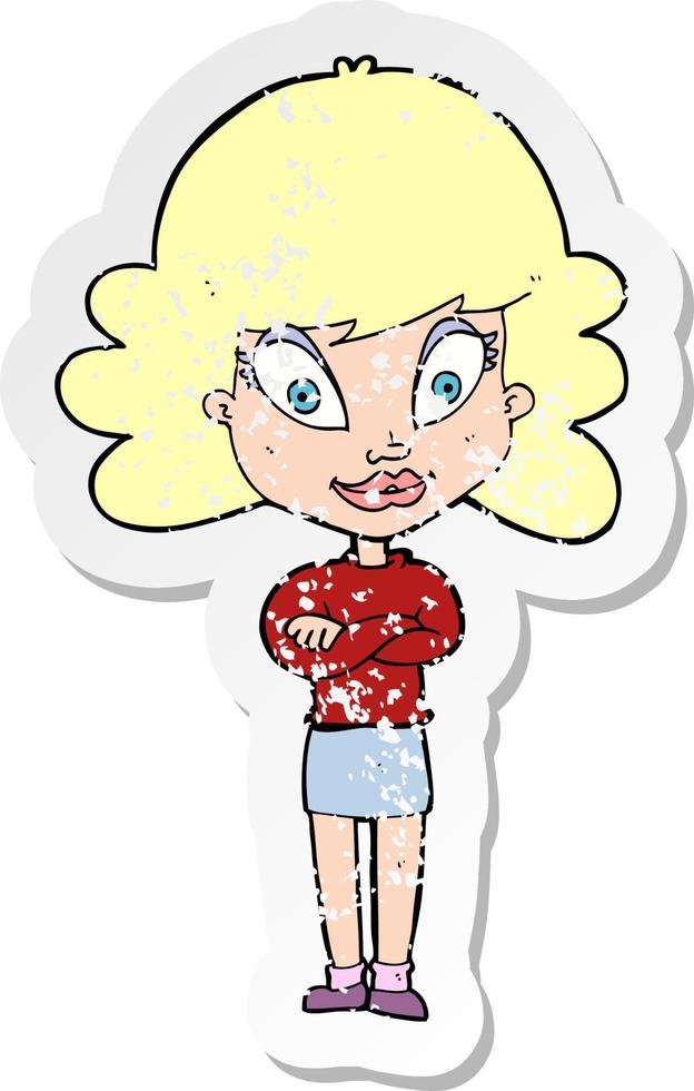 retro distressed sticker of a cartoon happy woman with folded arms vector