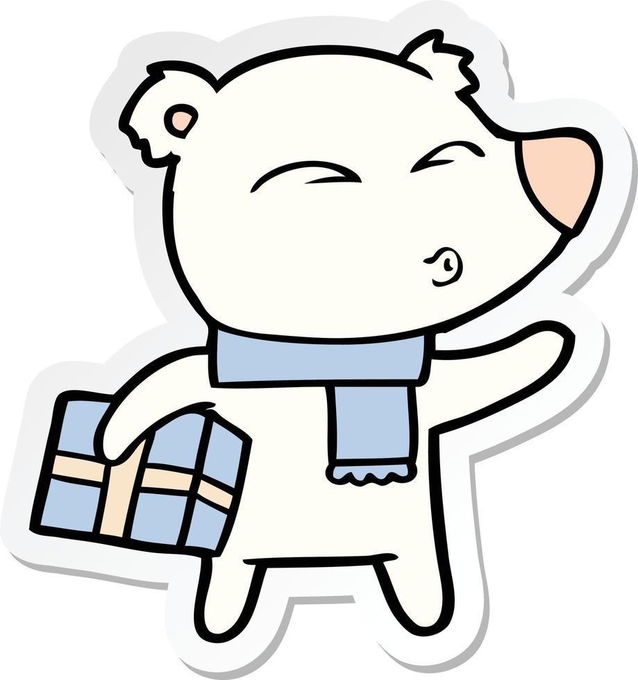 sticker of a cartoon christmas polar bear vector