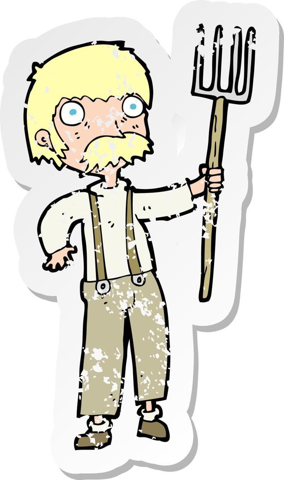 retro distressed sticker of a cartoon farmer with pitchfork vector