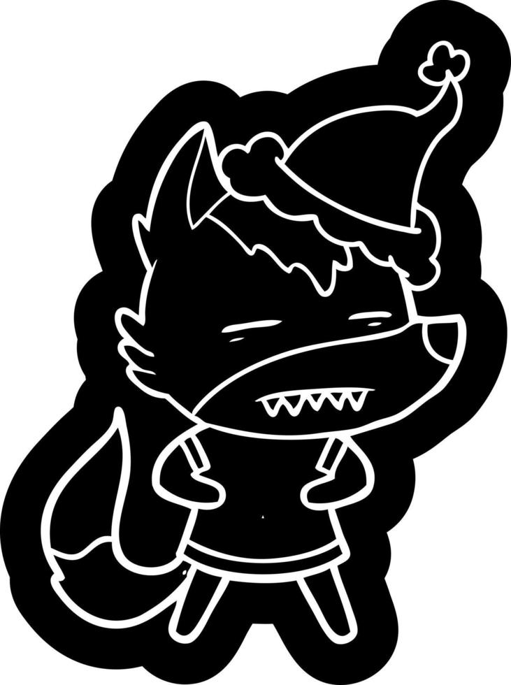cartoon icon of a wolf showing teeth wearing santa hat vector