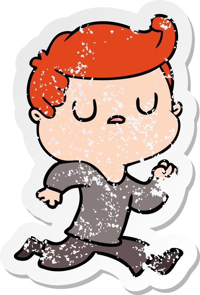 distressed sticker of a cartoon aloof man running vector