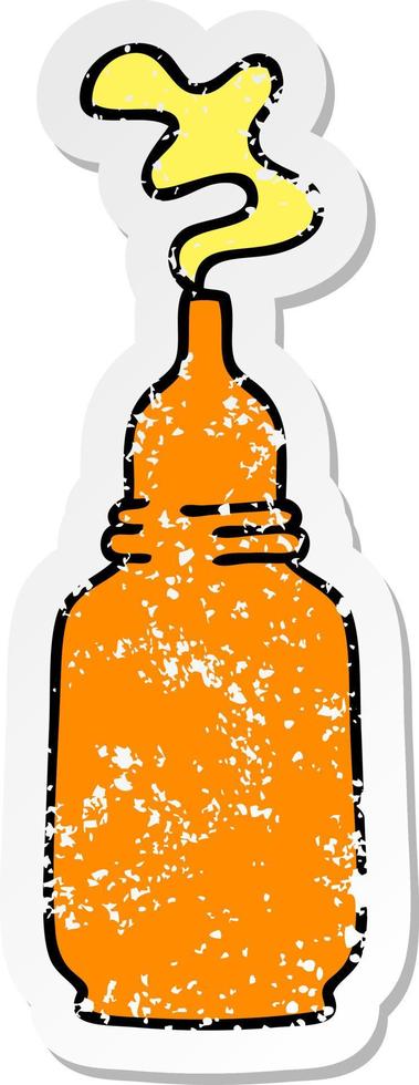 distressed sticker of a quirky hand drawn cartoon mustard bottle vector
