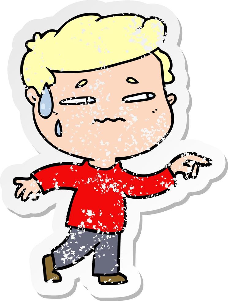 distressed sticker of a cartoon anxious man pointing vector