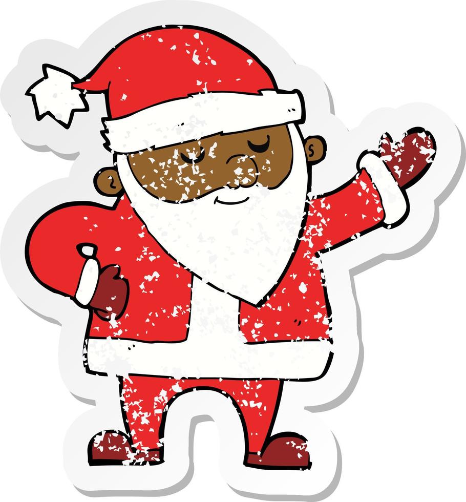 retro distressed sticker of a cartoon santa claus vector