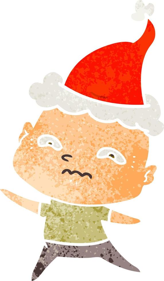 retro cartoon of a nervous man wearing santa hat vector