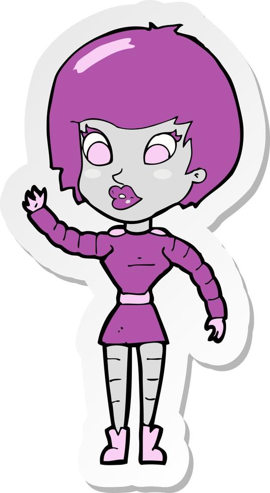 sticker of a cartoon robot woman waving vector