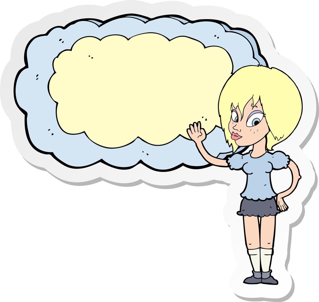 sticker of a cartoon woman with cloud text space vector