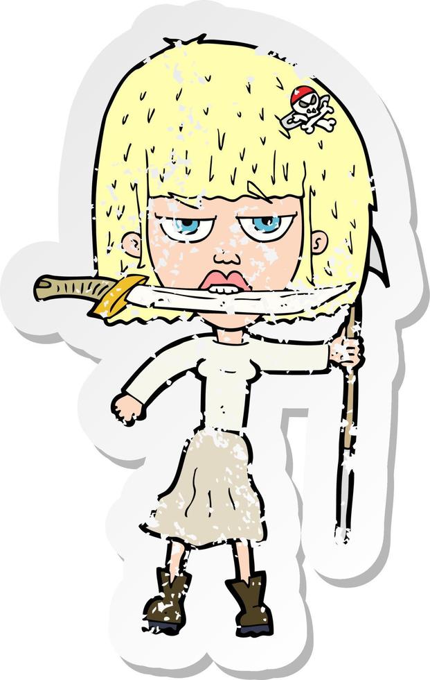 retro distressed sticker of a cartoon woman with knife and harpoon vector