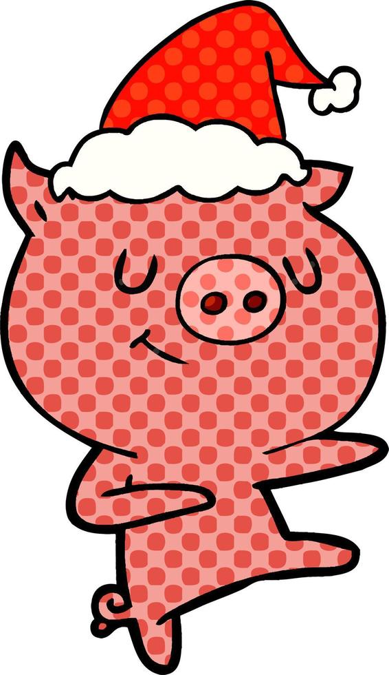 happy comic book style illustration of a pig dancing wearing santa hat vector