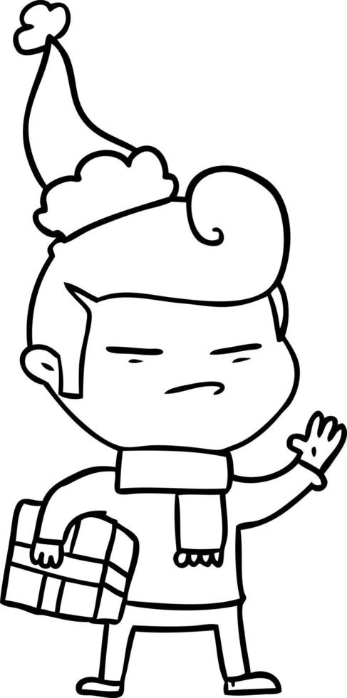 line drawing of a cool guy with fashion hair cut wearing santa hat vector