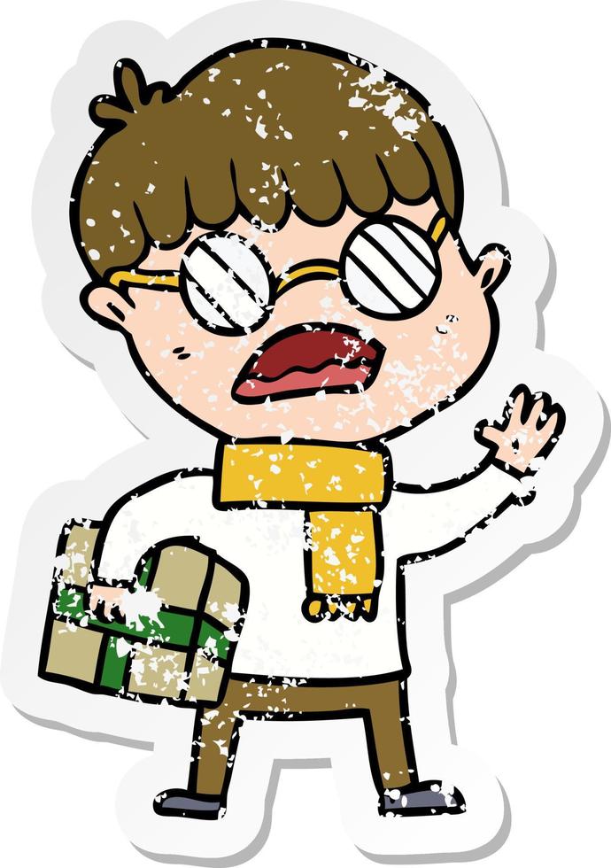 distressed sticker of a cartoon boy holding gift and wearing spectacles vector