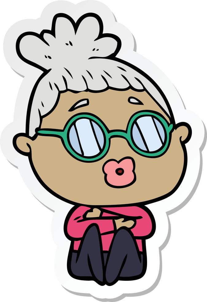 pegatina de una mujer sentada de dibujos animados con gafas vector