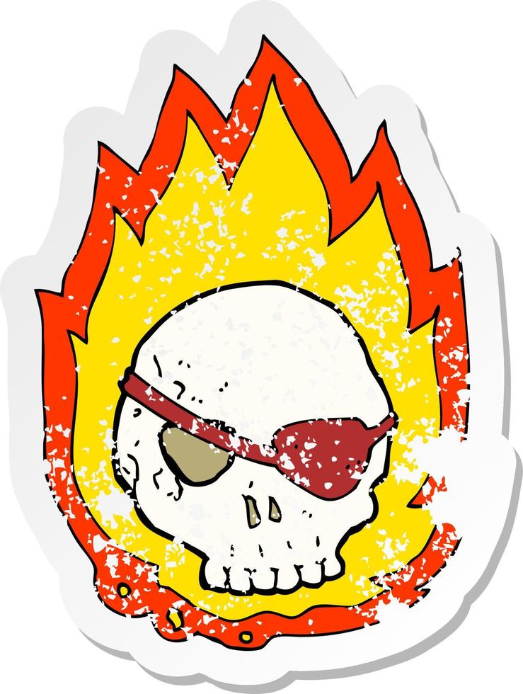 pegatina retro angustiada de un cráneo en llamas de dibujos animados vector