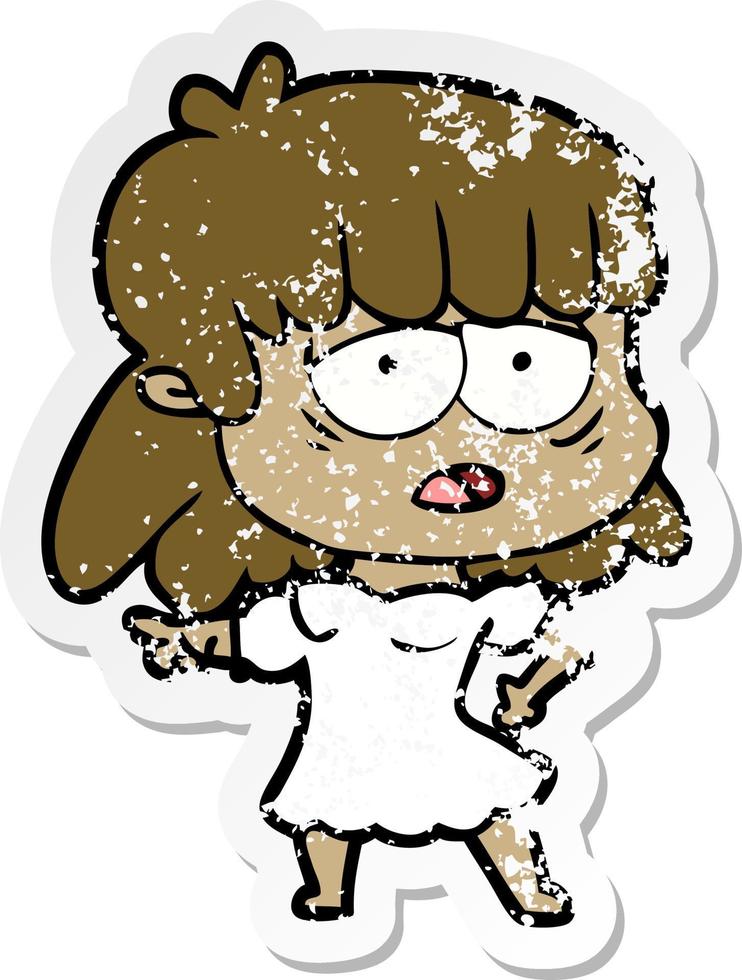 distressed sticker of a cartoon tired woman vector