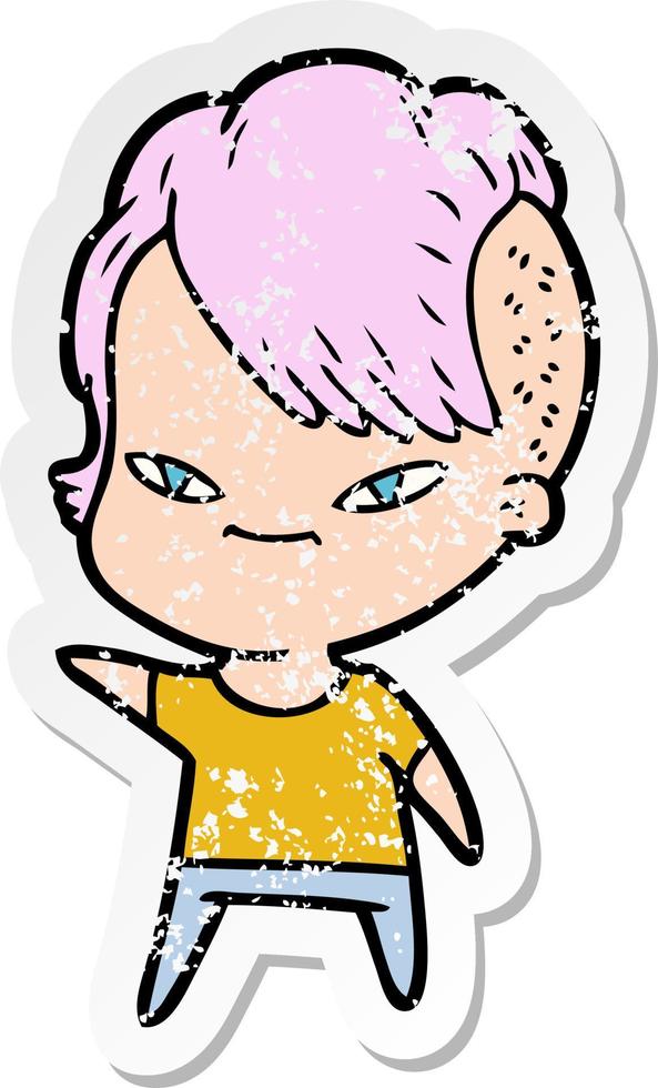 distressed sticker of a cute cartoon girl with hipster haircut vector